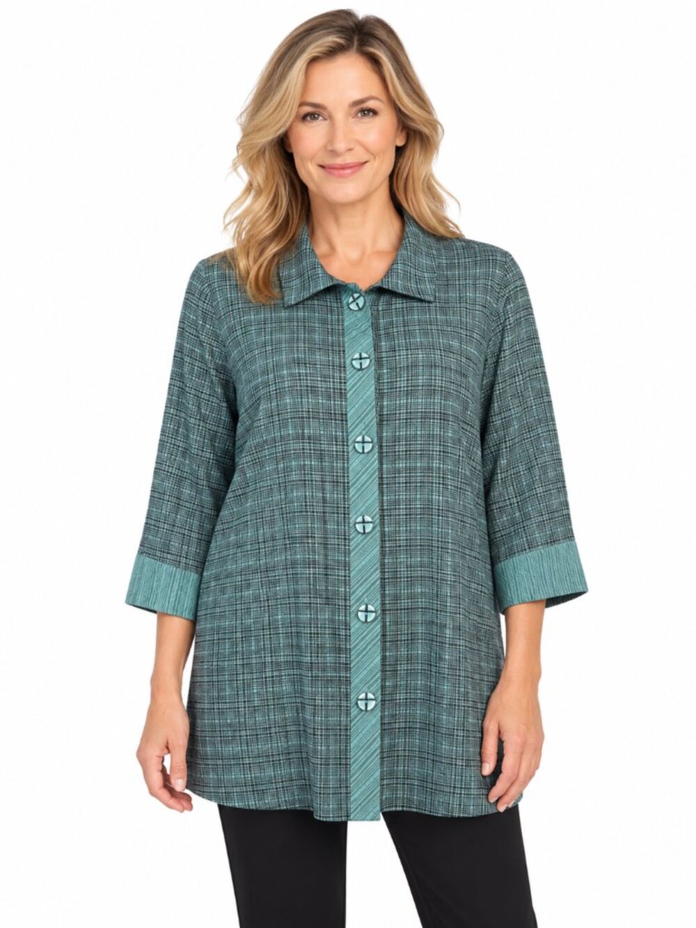 Ali Miles Tunic Size 2x Teal Black Plaid Button Front Lagenlook 3/4 Sleeve